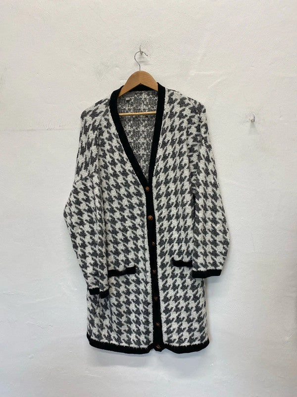 Fabulous longline super cosy Asos houndstooth silver & black cardigan Uk12 LB010