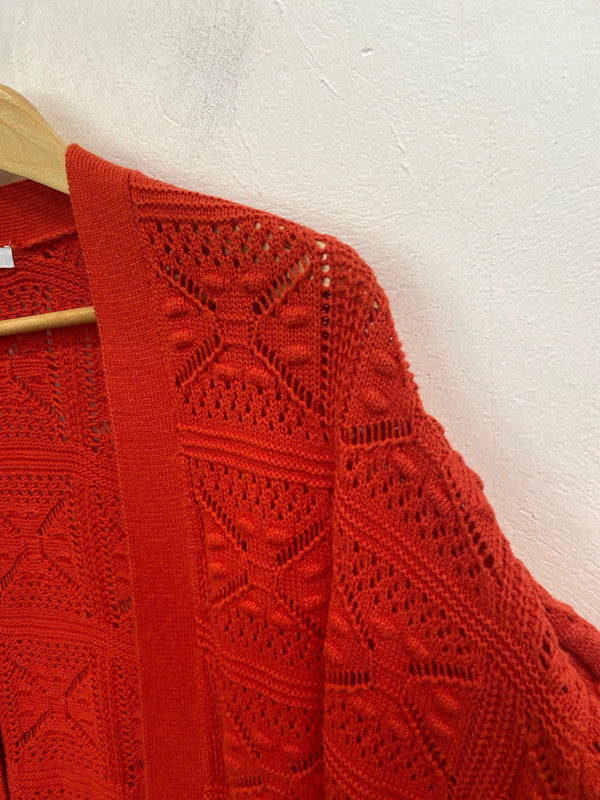 Fabulous Tangerine Red crochet knit cardigan UkL 14-16 super soft LG004