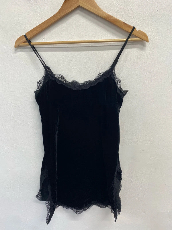 Stunning river island black velvet look lace trim cami top UK S KM004