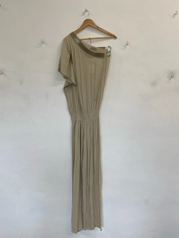 Mele Elegant Taupe Gold Beaded Collar Jumpsuit UK 12 MB001