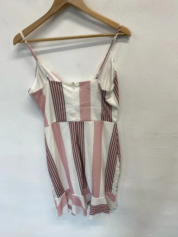Lovely Parisian white pink stripe summer dress UK 12 JB001