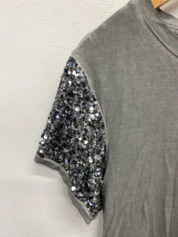 Fabulous Grey alternative punk sequin t shirt Uk12 Nine KD001