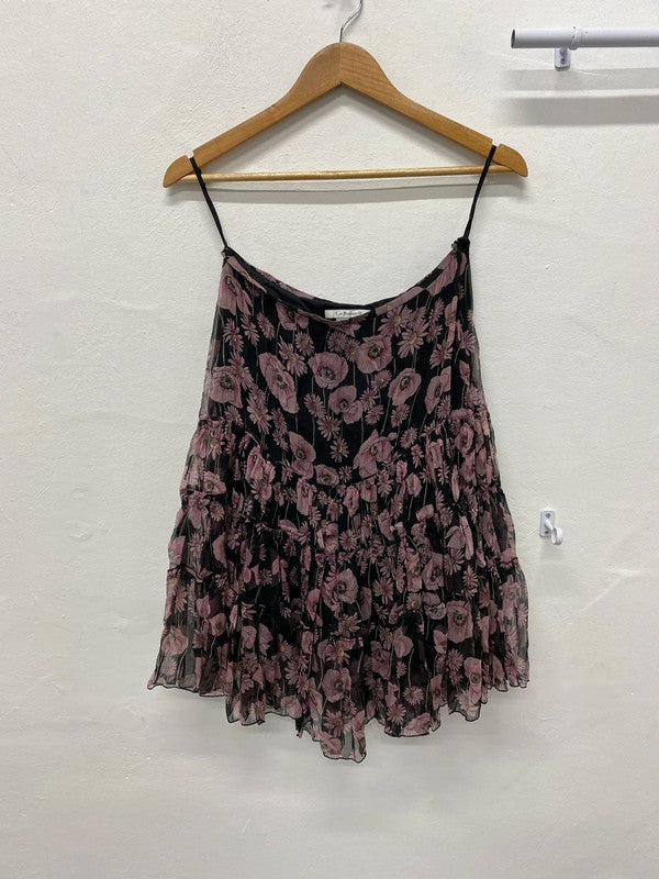 LK Bennett romantic Pure Silk floral tiered skirt mauve & black Uk10 SN002