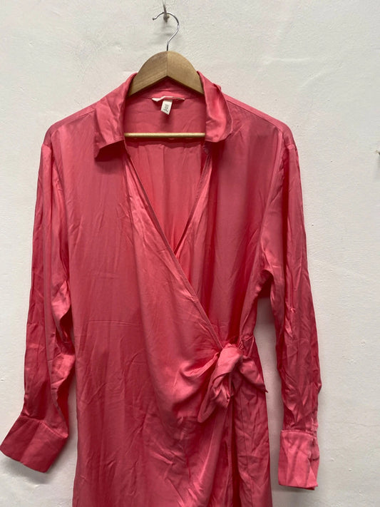 Lovely Zara pink wrap tie low neck collar mini dress pink UK M KS002