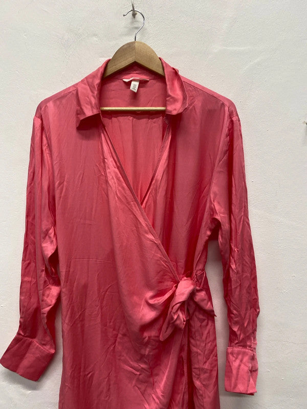 Lovely Zara pink wrap tie low neck collar mini dress pink UK M KS002