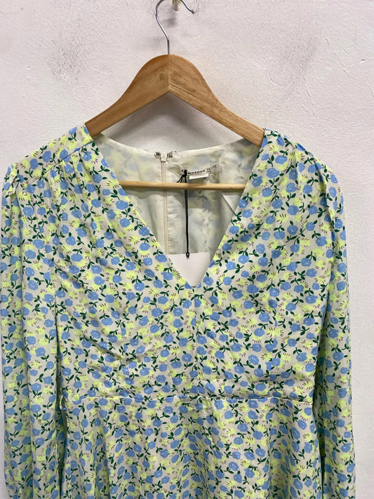Lovely glamorous lime blue floral smock dress nwt UK 12 petite AE001