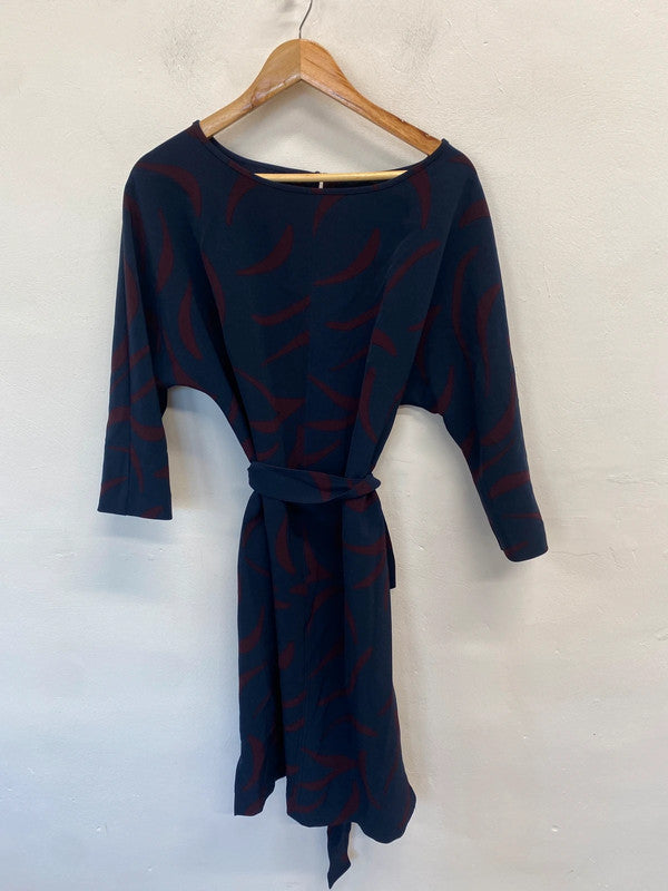 Stunning Jasper Conran navy burgundy pattern midi tie waist dress UK 14 MD002