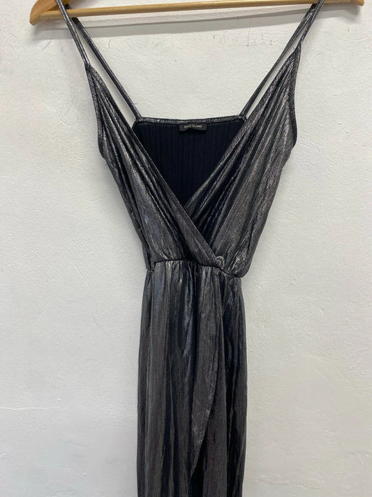 Stunning river island metallic silver split hem low neck dress UK S KM004