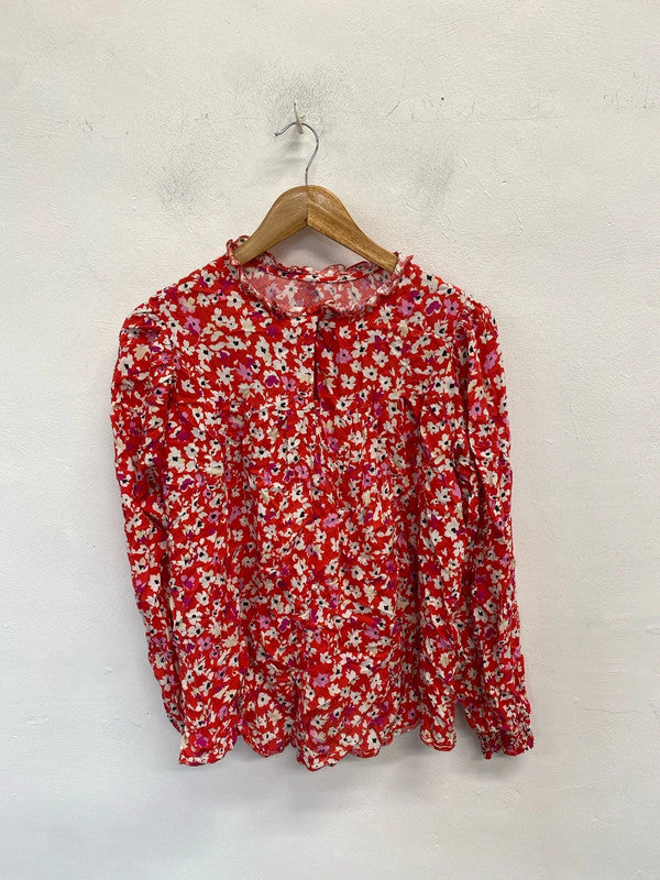 Lovely very red floral frill blouse UK M NN001