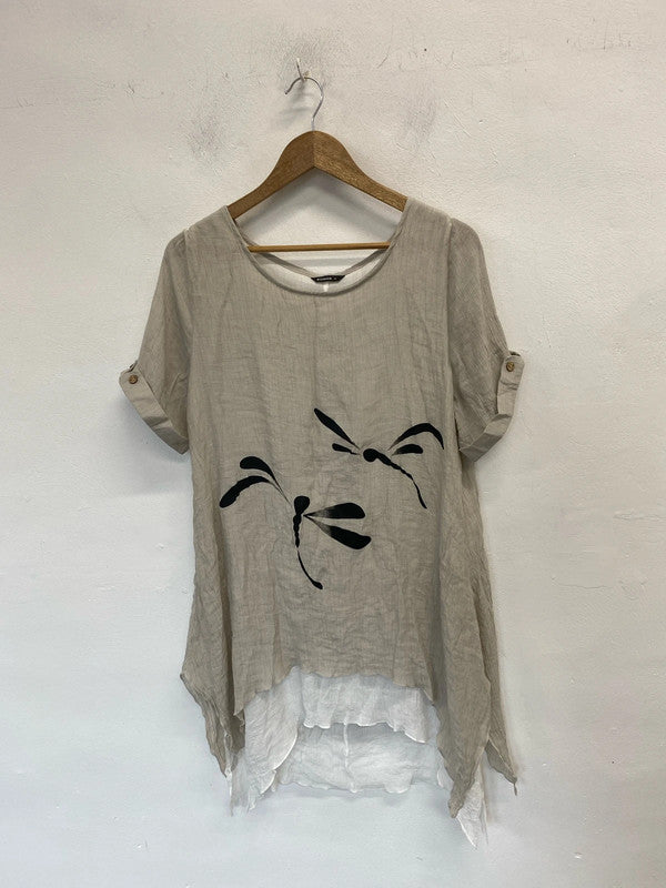 Fabulous Roman beige white dragonfly floaty tunic midi UK 18 YM001