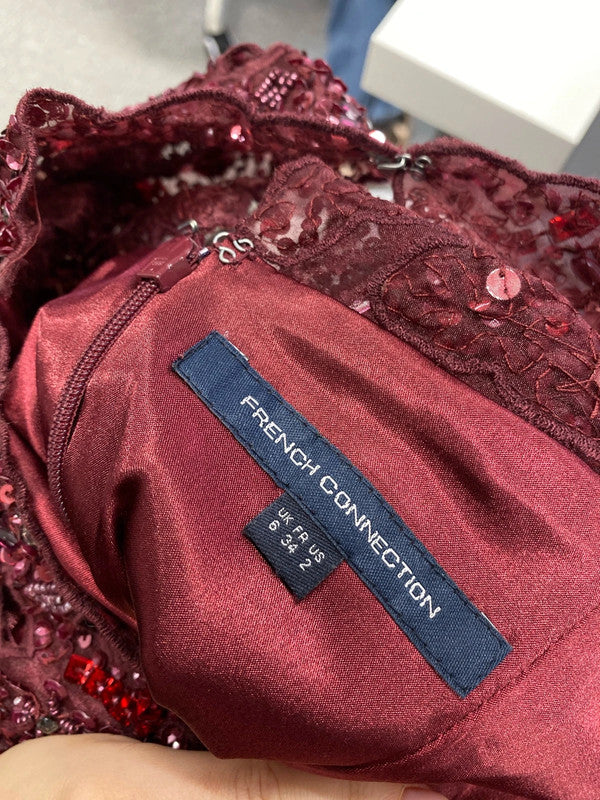 Beautiful French connection burgundy sparkle lace trim midi dress UK S KM004
