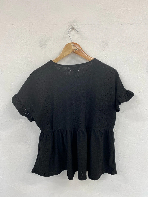 New Look Chic Black Broderie Peplum Top UK 12 NN001