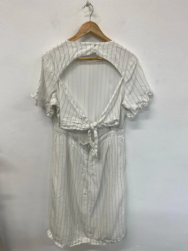 Oliver Bonas Stylish White & Black Stripe Keyhole Back Midi Dress UK 16 VW001