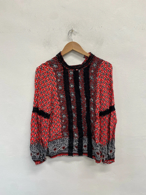 Stunning river island black red pattern blouse UK S KM004