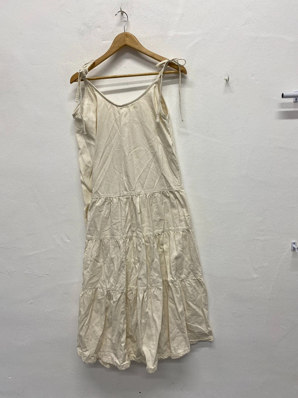 Fabulous cream lightweight denim Midaxi dress Uk12 tie straps KS002