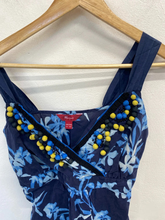 Stunning monsoon blue floral yellow pompom neck top UK 12 AG005