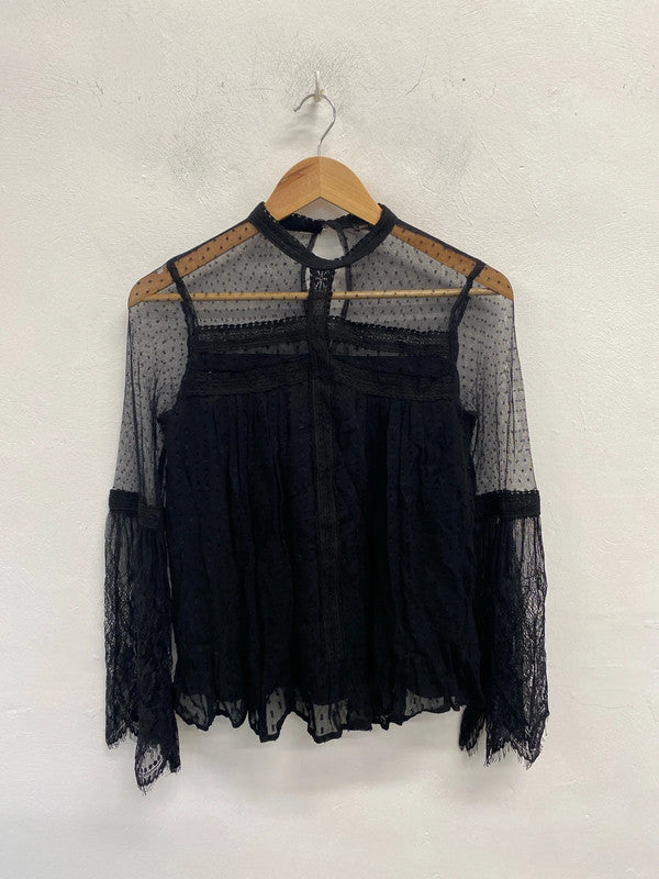 Stunning river island semi sheer lace black long sleeve top UK S KM004