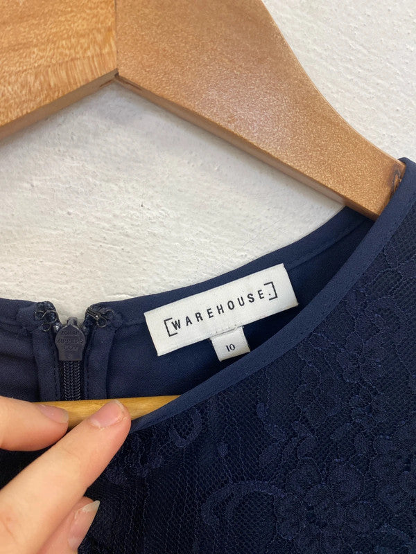 Warehouse Fabulous Navy Lace Midi Sheath Dress UK 10 SW001