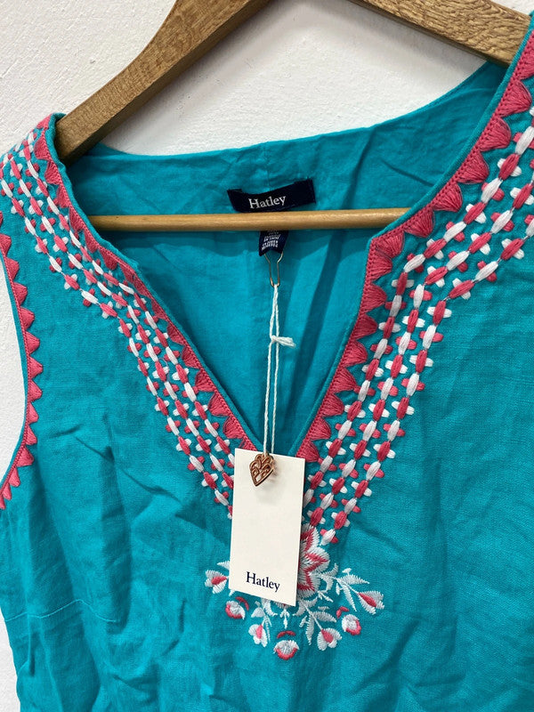 Fabulous Hatley turquoise embroidered summer dress Uk10 LW005