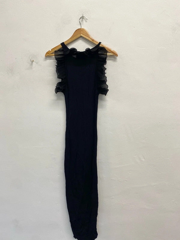 Stunning Zara black ribbed frill neck sleeve dress UK M KS002