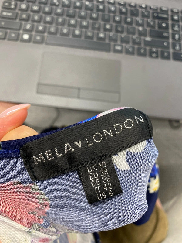 Lovely mela London navy floral dress v neck midi UK 10 JA002