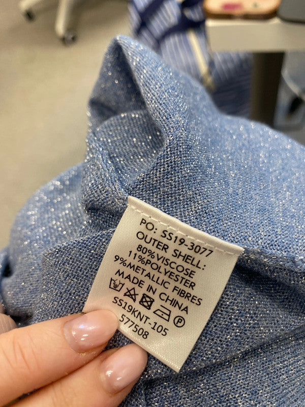 Stunning hush blue metallic thread jumper v neck UK S JP001