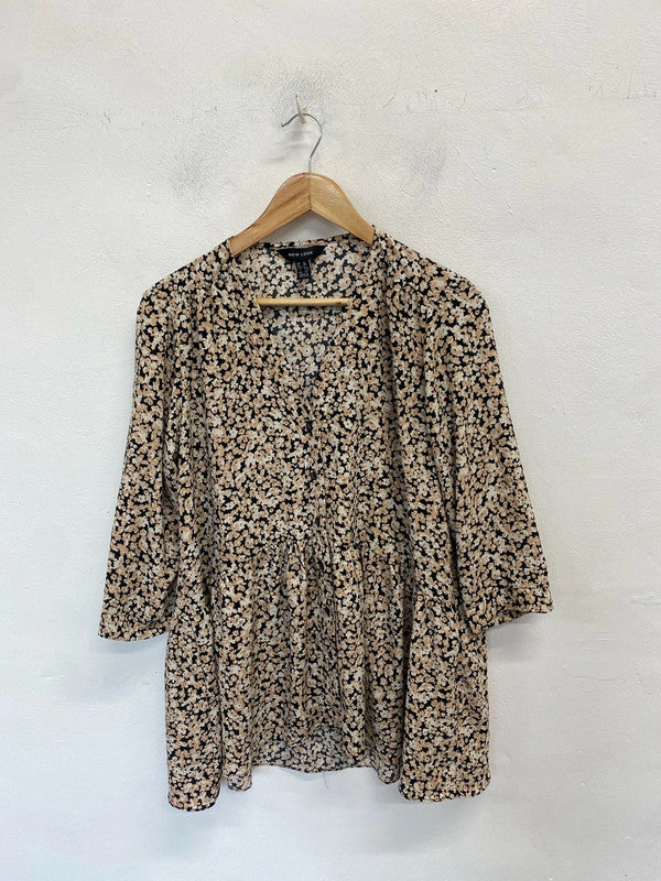 Lovely new look brown white floral blouse UK 12 NN001