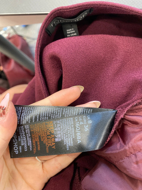 Lovely Topshop burgundy office cropped belted trousers UK 8 JM008