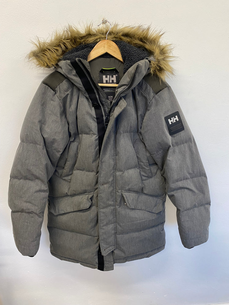 Super cosy Helly Hansen grey longline puffer jacket M Faux fur trim RF001