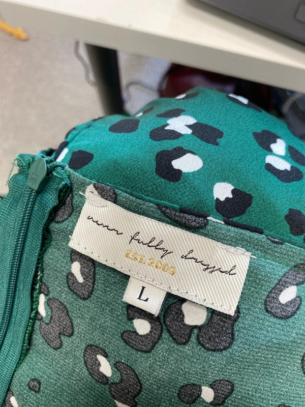 Stunning never fully dressed frill Mini dress Green leopard UK L LG006