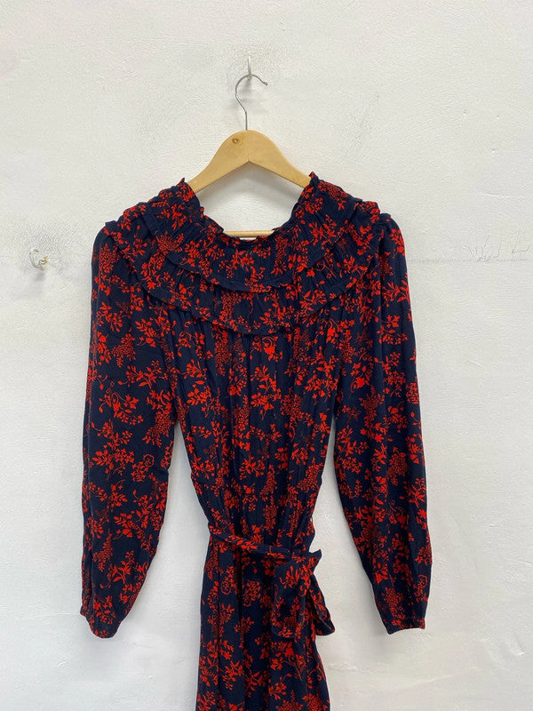 Stunning m&s navy red patterned long smock dress UK 8 long CN001