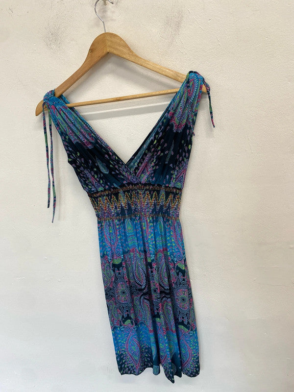 Gorgeous summery boho pattern multicolor mini dress UK S JM004