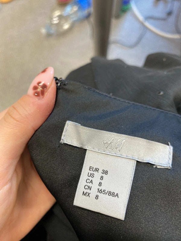 Gorgeous h&m black diamanté midi frill sleeve dress UK 10 LL003