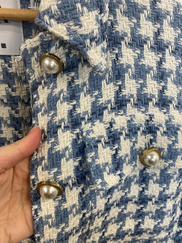 Zara Gorgeous Blue & Cream Houndstooth Boucle Shacket Size S AO001