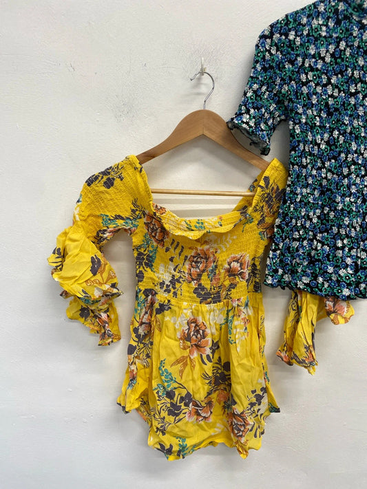 Lovely duo of river island floral blue yellow summer tops Bardot UK S #2 KM004