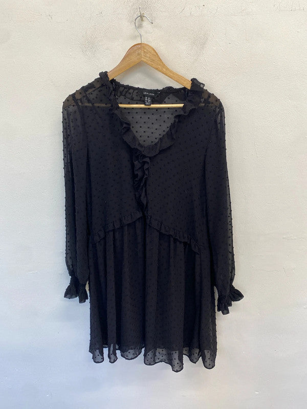 Lovely new look dark navy smock spotted textured frill dress UK 14 AE001