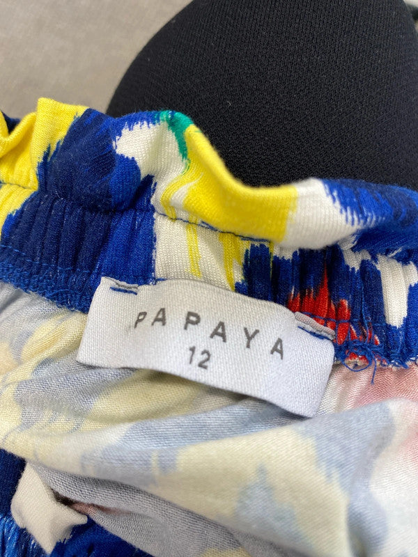 Gorgeous papaya yellow blue tropical flare off the shoulder dress UK 12 MR444