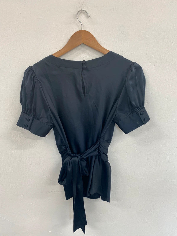 Fabulous Topshop Dark Green Satin Puff Sleeve Blouse UK12 TM447