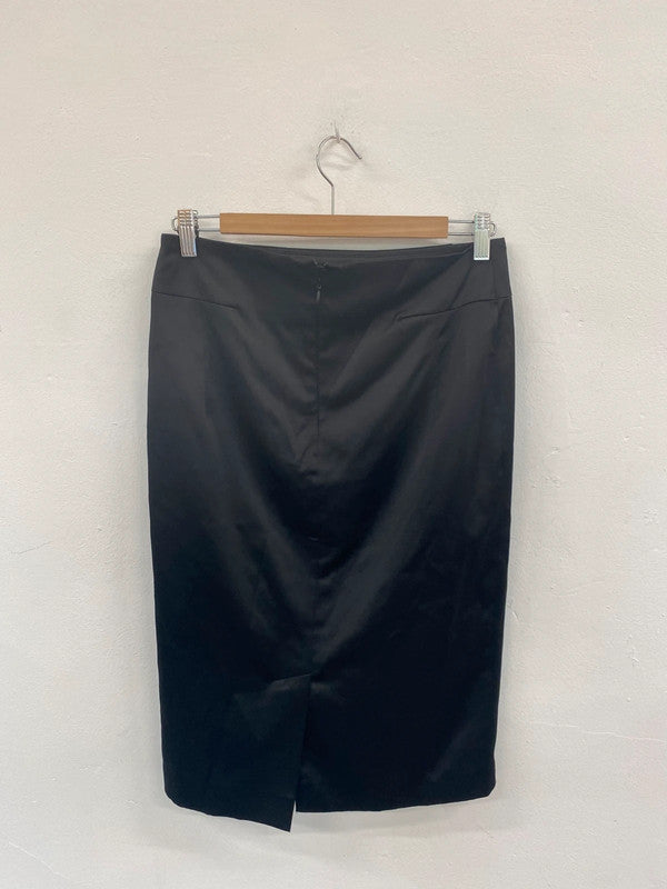 Fabulous Wallis Black Satin Y2K Vibes Midi Pencil Skirt UK10 TM447