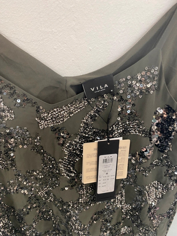 Fabulous Vila Khaki Boho Y2K Vibes Sequin Accent Cami UK M TM447