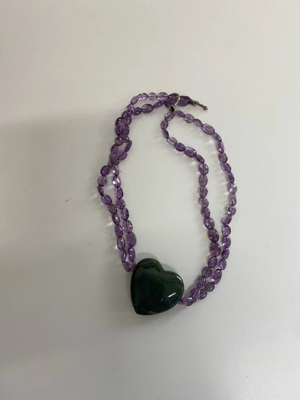 Fabulous green heart & purple beaded necklace silver clasp LB006