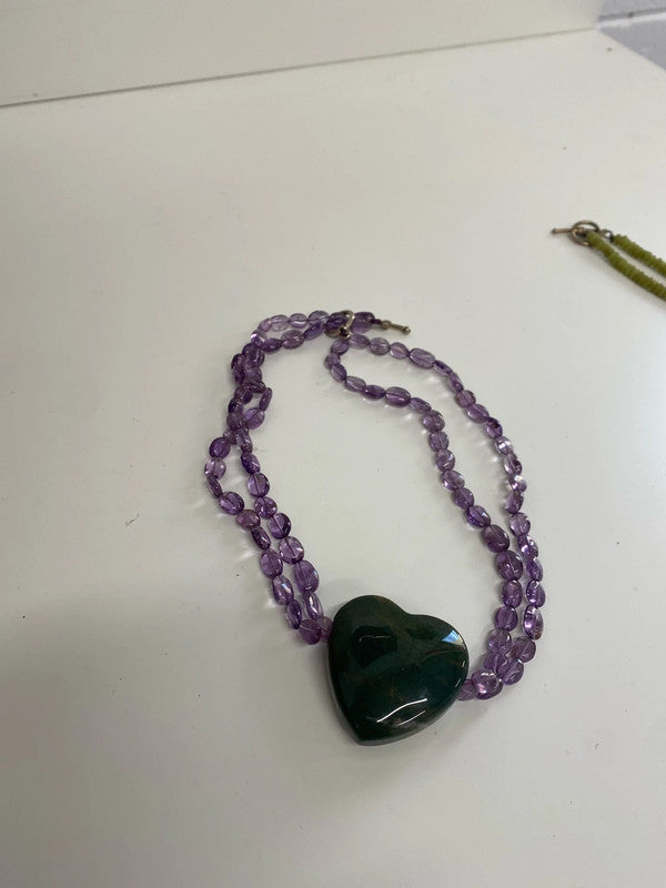 Fabulous green heart & purple beaded necklace silver clasp LB006