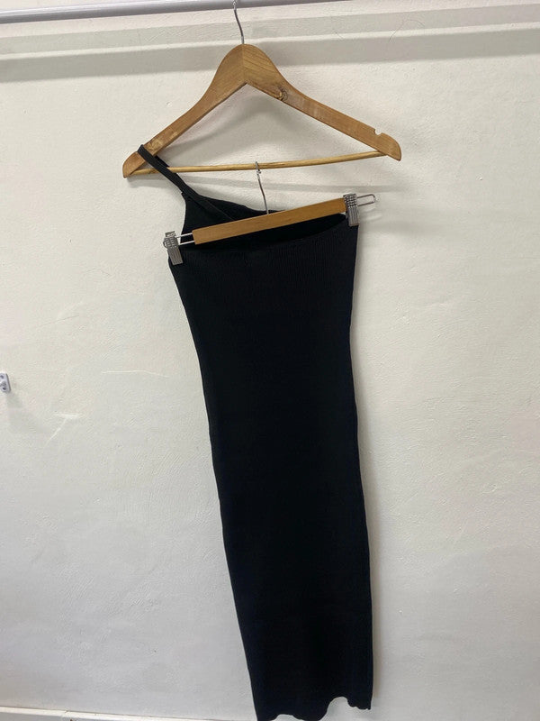 Stunning Pretty Little Thing black one shoulder rib knitted maxi UkM LT272
