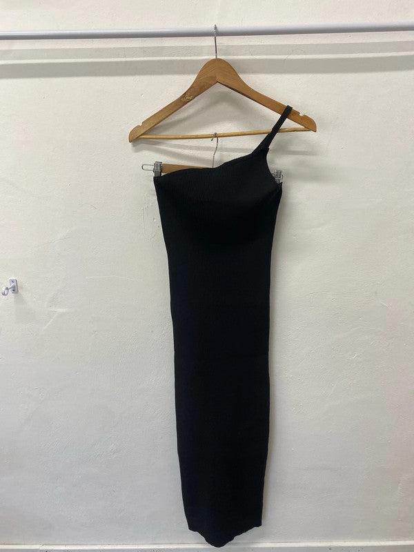 Stunning Pretty Little Thing black one shoulder rib knitted maxi UkM LT272