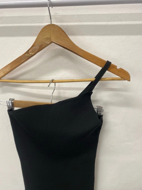 Stunning Pretty Little Thing black one shoulder rib knitted maxi UkM LT272