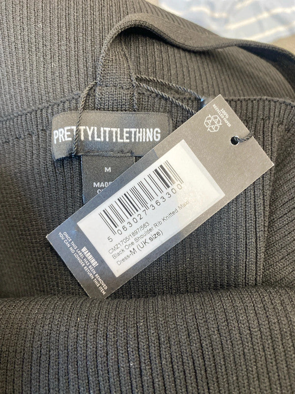 Stunning Pretty Little Thing black one shoulder rib knitted maxi UkM LT272