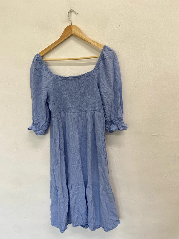 Fabulous Marks & Spencer blue striped linen midi dress UK 14 AT002