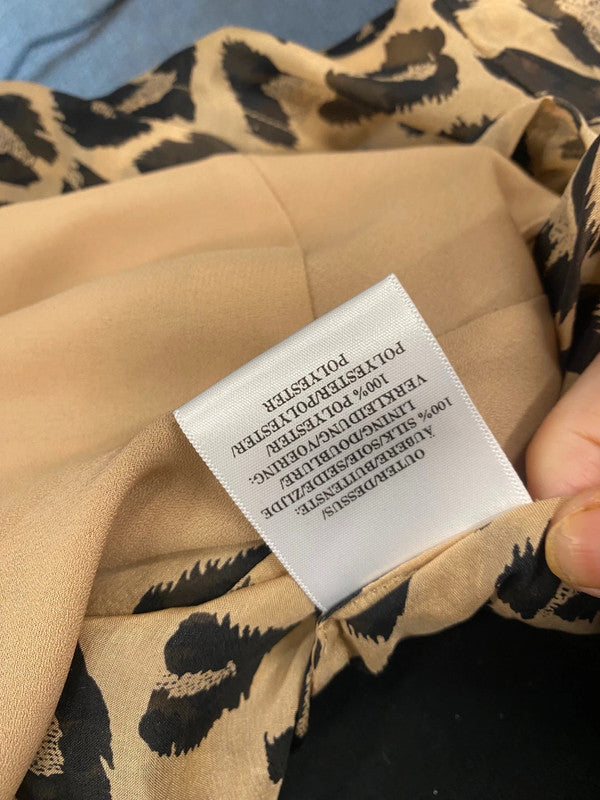 Fabulous L.K.Bennett Silk Pussy bow animal print Blouse Uk16 Beige & Black jF463