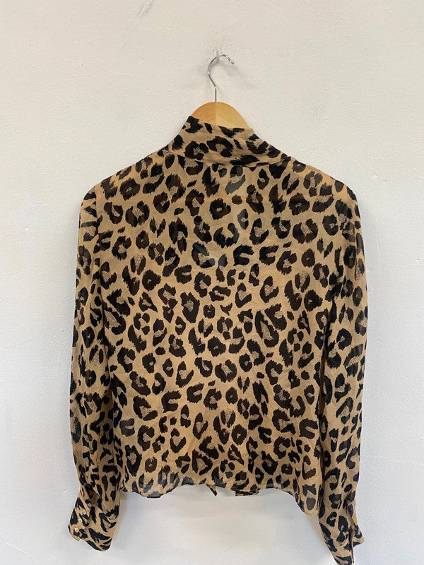 Fabulous L.K.Bennett Silk Pussy bow animal print Blouse Uk16 Beige & Black jF463