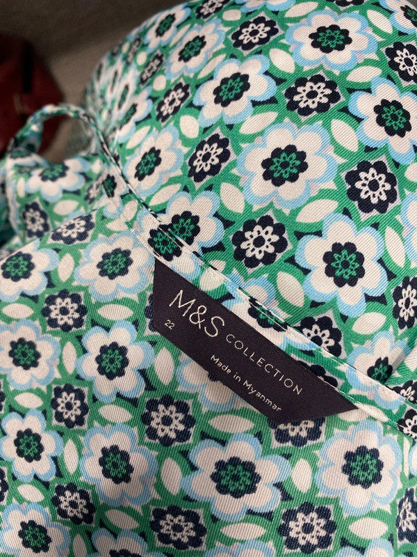 Gorgeous Marks & Spencer green blue floral midi dress boho UK 22 CC001